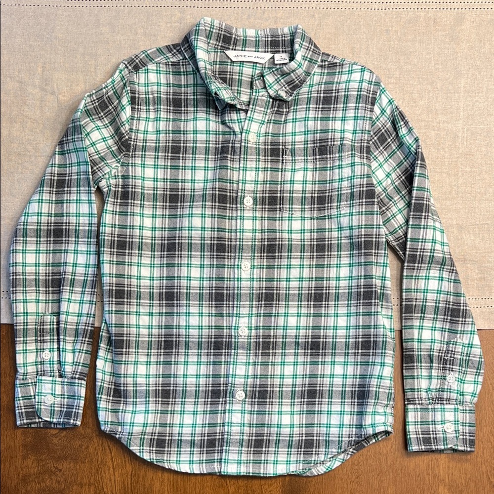 Boys Size 6 Janie and Jack Green Plaid Flannel Shirt